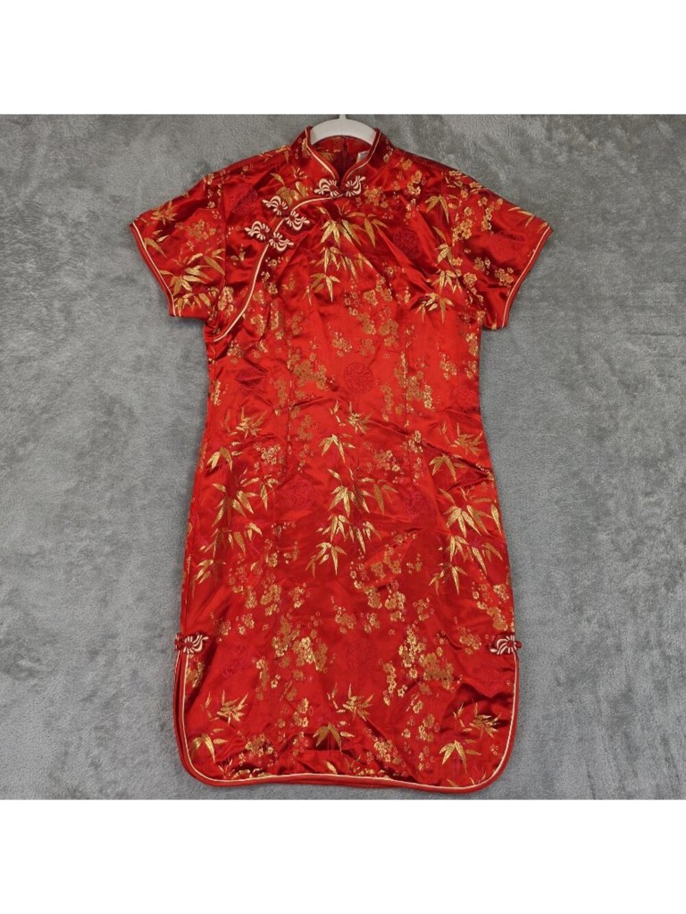 Dress Girls L Red Floral Jacquard High Neck Short Sleeve Qipao Silk Mandarin